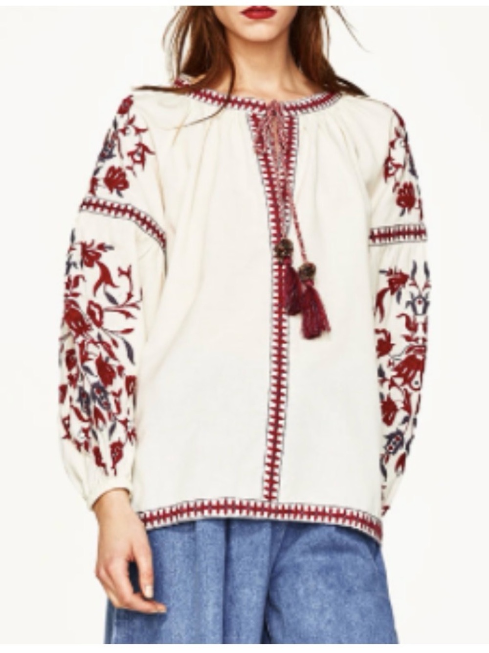 Zara Cream Peasant Blouse with Red Embroidery